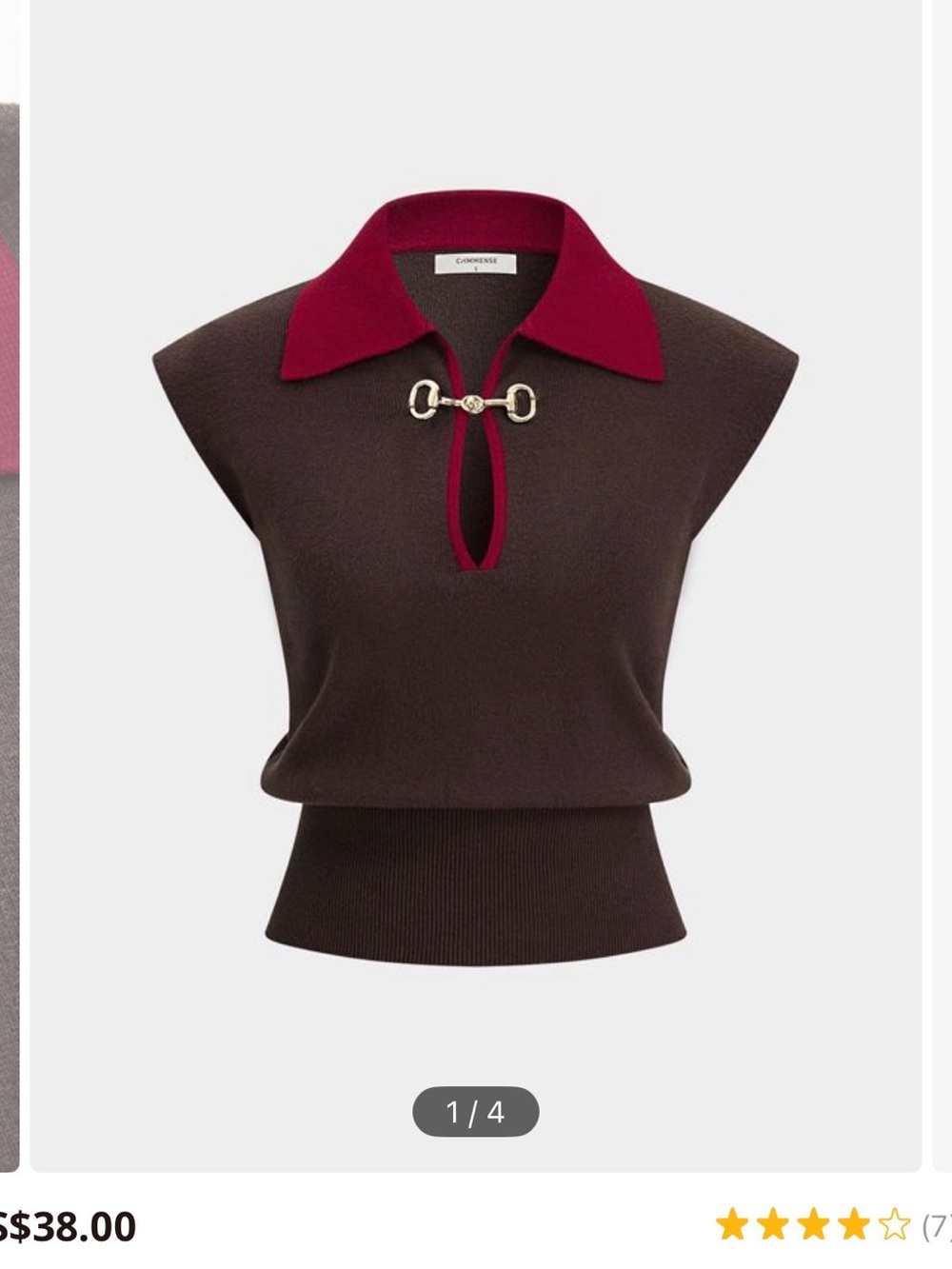 Commense Brown Sleeveless Knit Top with Burgundy Collar